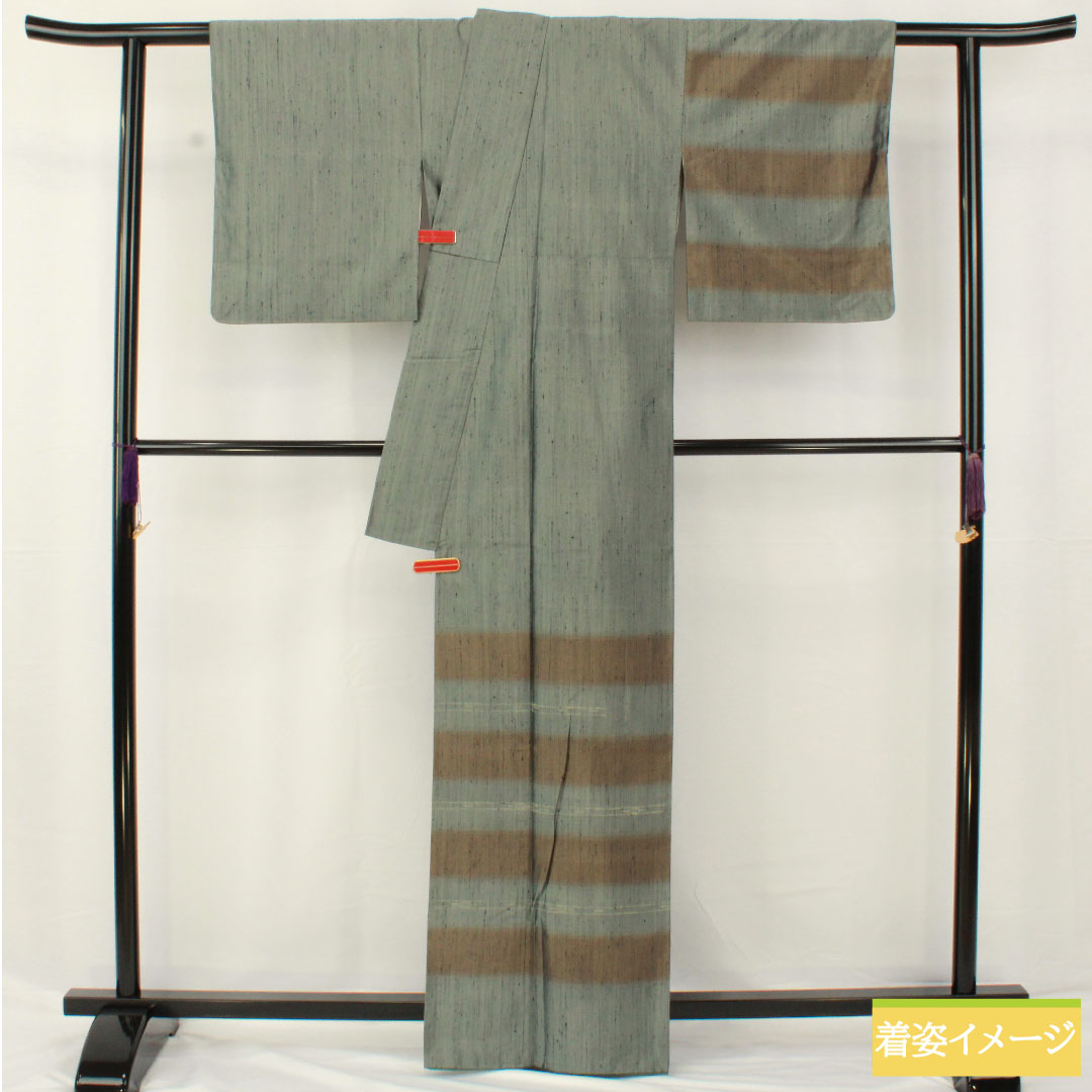 訪問着 正絹 袷 身丈163.5cm 裄丈63.5cm 深川鼠色（ふかがわねずいろ） 紬地 抽象模様 Sランク 緑系 1112005872419