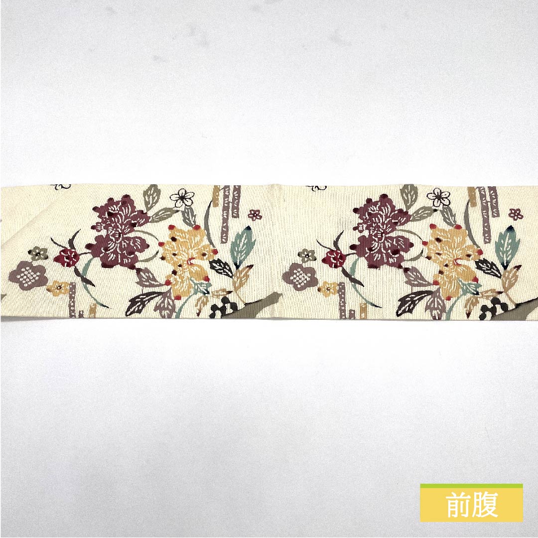 名古屋帯 胡桃色（くるみいろ） 山 抽象牡丹 梅 帯丈368cm 正絹 Sランク 六通 カジュアル ベージュ系 1124006452325 名古屋仕立て