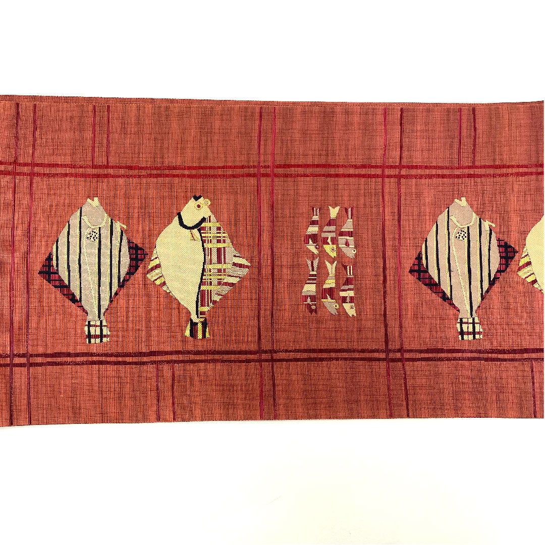 袋帯 魚柄 抽象模様 帯丈436cm 正絹 Sランク 六通 カジュアル 赤系 1123004132312