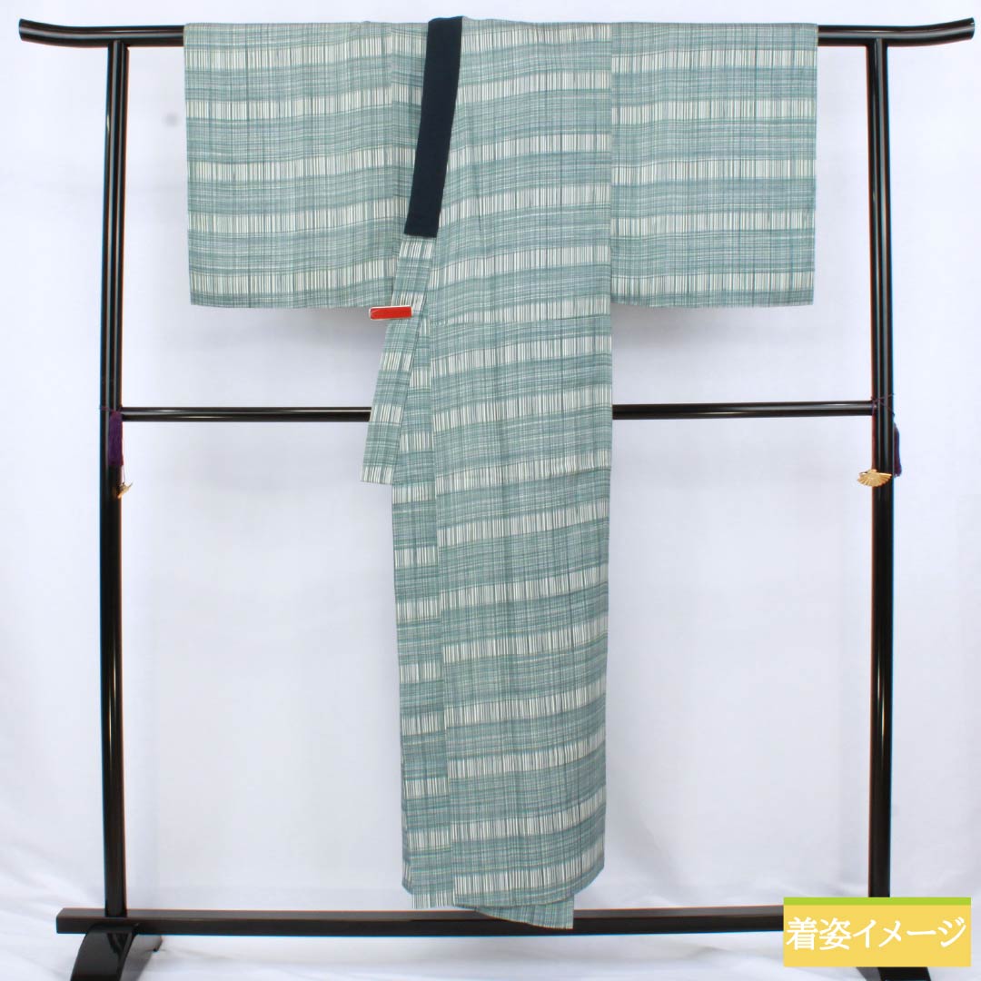 男物長襦袢 正絹 Sランク 身丈151cm 裄丈69cm 藍砥茶色（あいとのちゃいろ） チェック柄 単衣 水色系 1140000632524