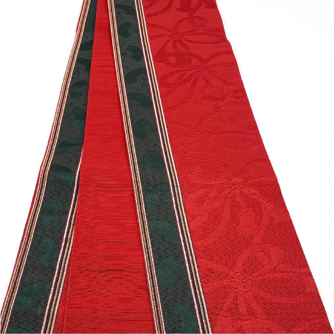 半幅帯 正絹 帯丈342cm 紅赤色（べにあかいろ） 扇面 束ね紐 博多織 赤系 Sランク 1125001382312