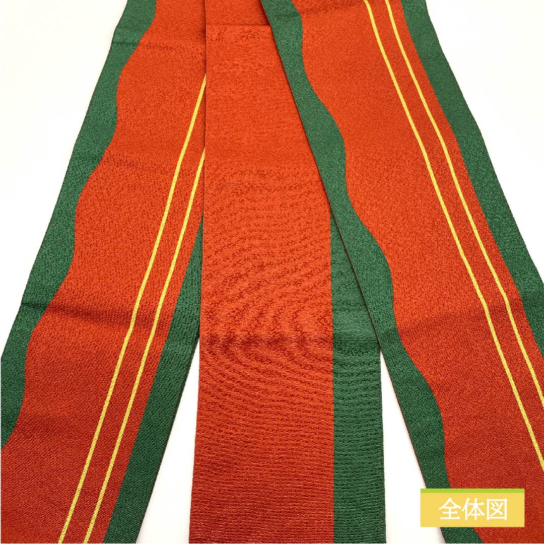 （未仕立）半幅帯 ポリエステル 辰砂色（しんしゃいろ） 縞 幾何学模様 シンプル リバーシブル 帯丈400cm 朱系 Sランク 1125001082316