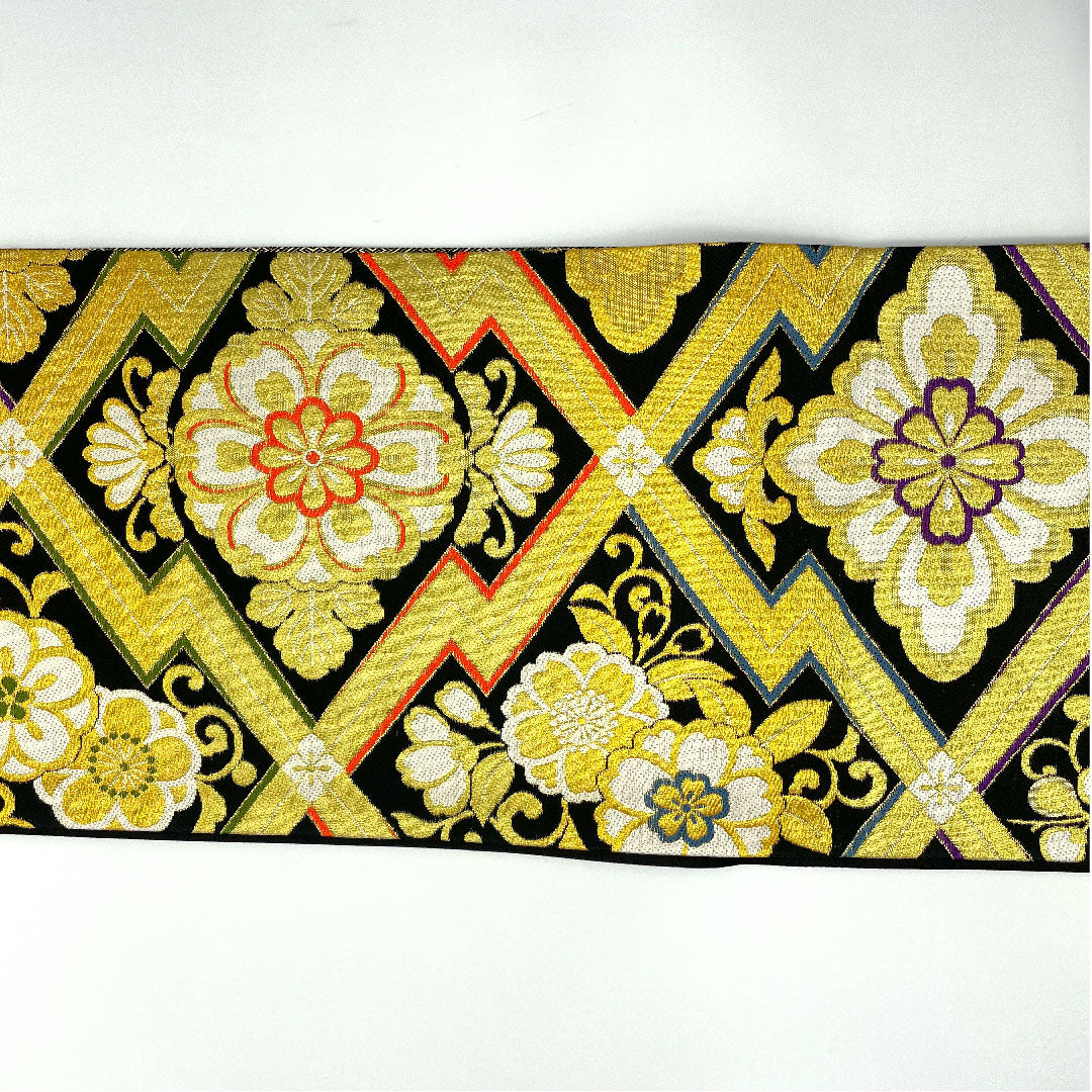 袋帯 振袖用 松皮菱 華文模様 帯丈440cm 正絹 Sランク 六通 フォーマル 黒系 1123004512310