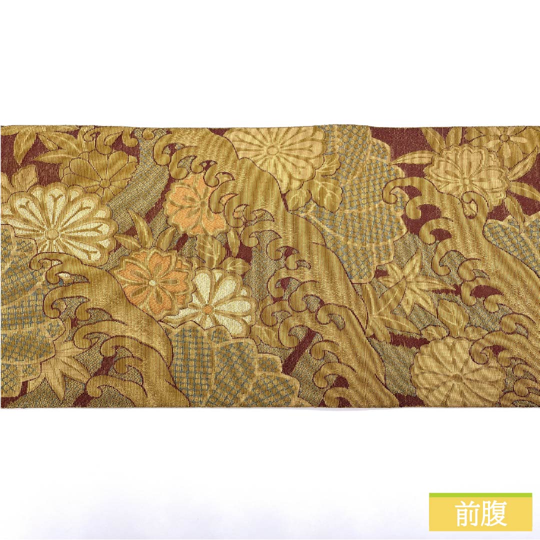 袋帯 正絹 留袖用 輪奈織 ねじり菊 波 桜 帯丈454cm Aランク 六通 フォーマル 金系 1123014353421