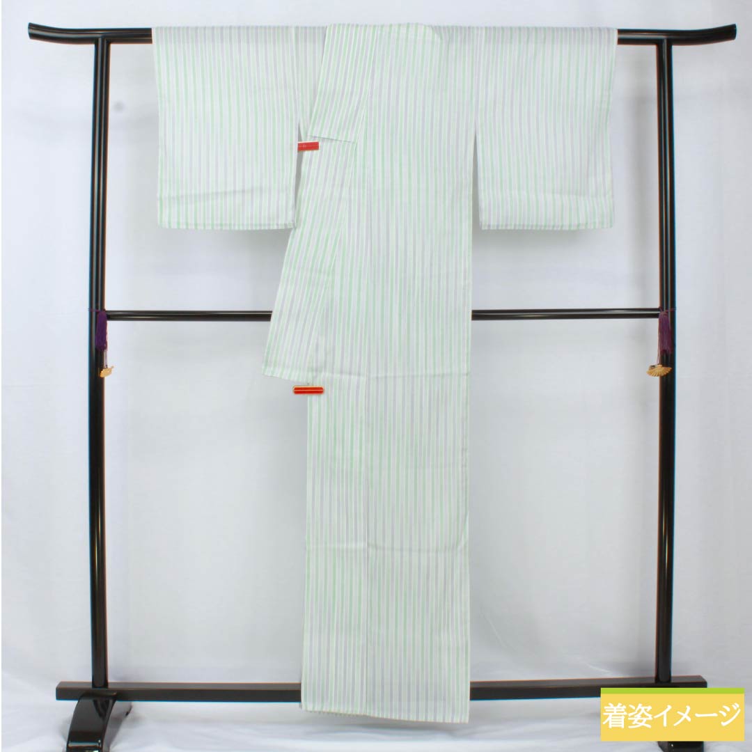 夏物 ポリエステル 小紋 身丈161cm 裄丈64.5cm 縞 洗える着物 絽 Sランク 白系 1132001922411