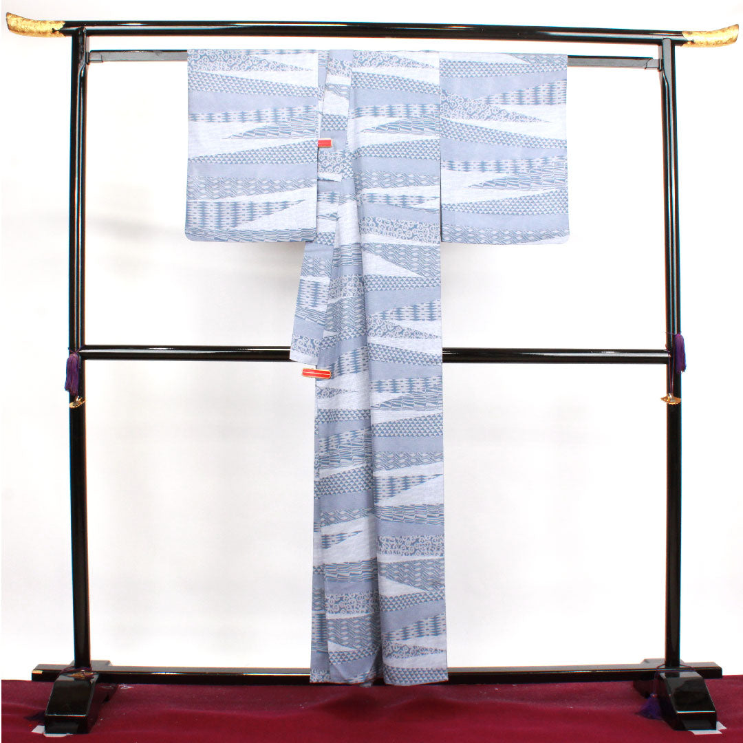 夏物 ポリエステル 小紋 身丈155.5cm 裄丈61.5cm 洗える着物 江戸小紋 型染 しつけ糸付き 絽 Aランク グレー系 1132000453322