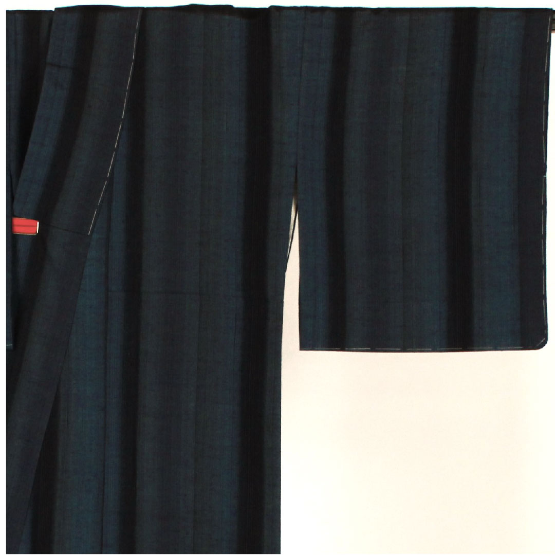 紬 身丈157.5cm 裄丈62cm 縞模様 手織り 正絹 Sランク 袷 紺系 1116001002318