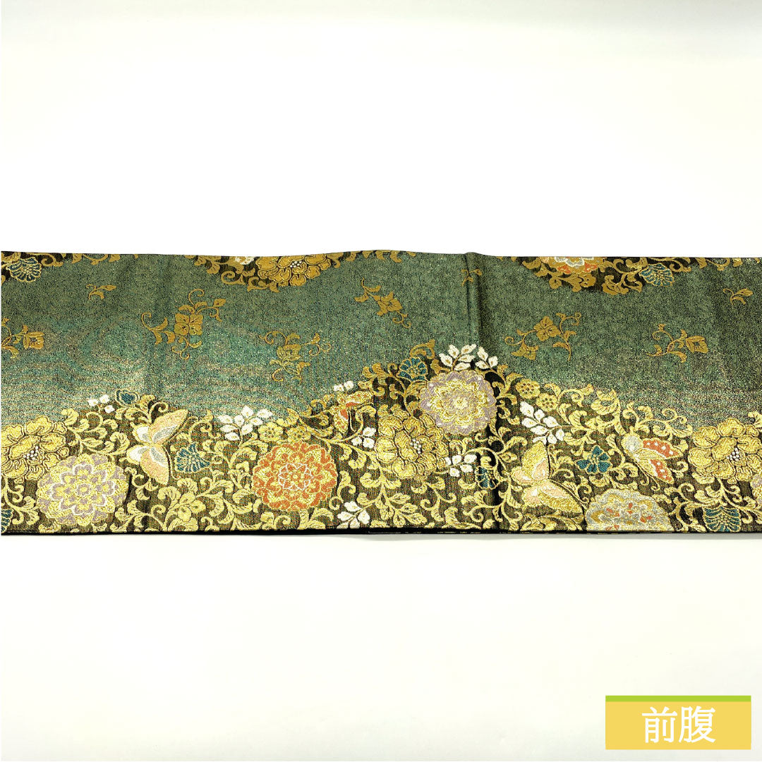 リサイクル着物】袋帯 正絹 Sランク 翠鳳唐草紋様 西陣織 蝶 帯丈436cm