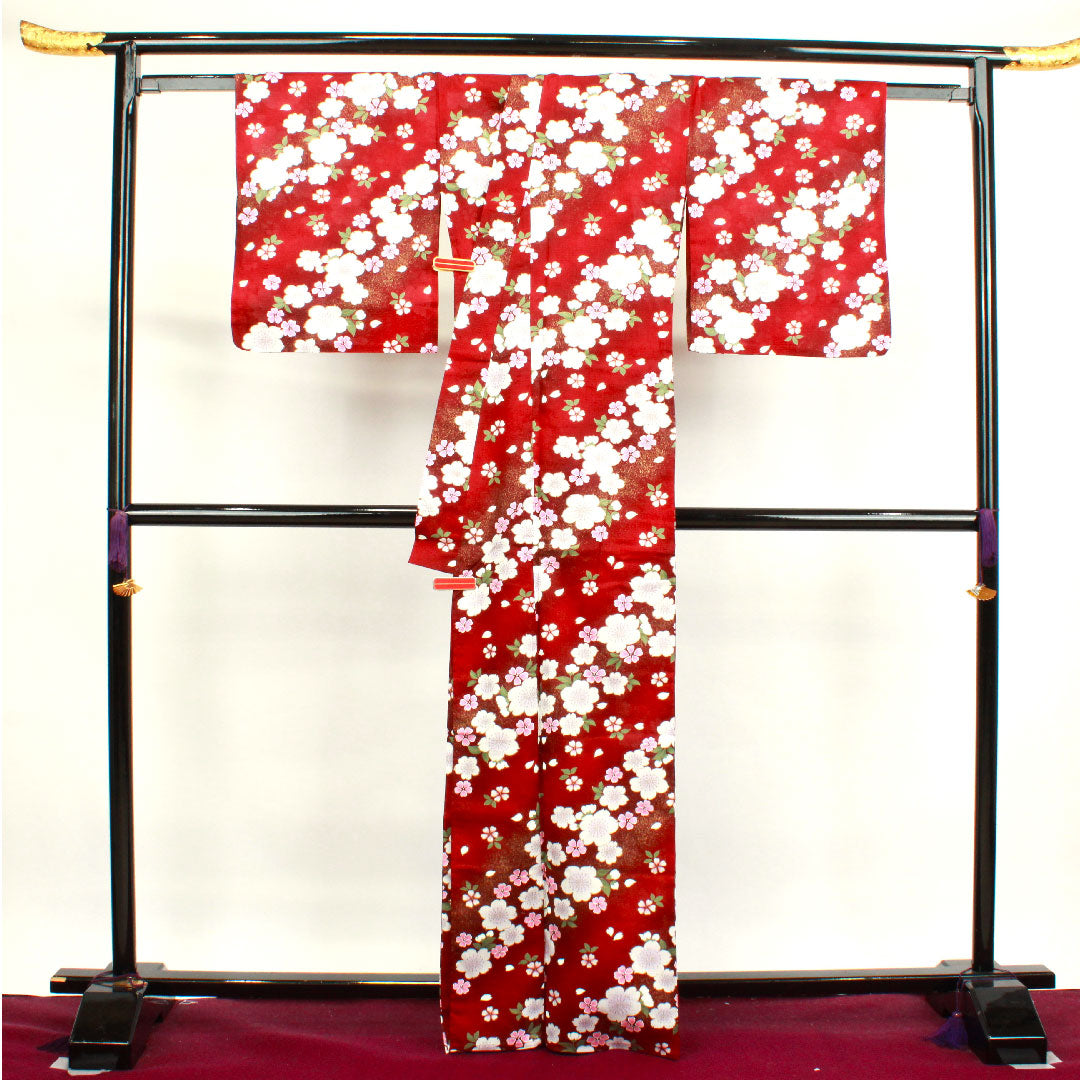 浴衣 深緋色 桜 木綿 Sランク 単衣 身丈165.5cm 裄丈68.5cm 赤系 1118003582512