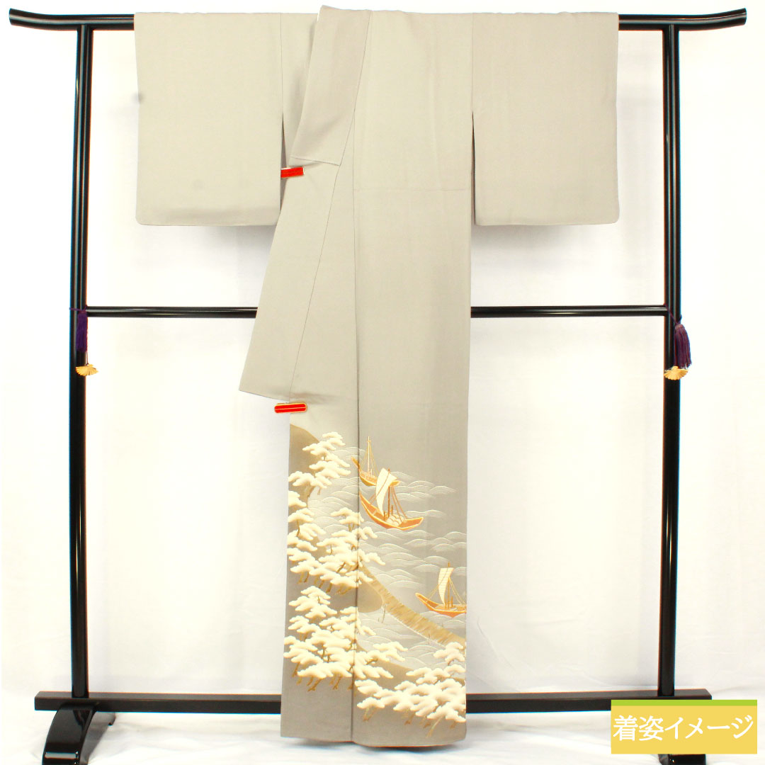 色留袖 正絹 身丈161cm 裄丈63cm 袷 薄鼠色（うすねずいろ） 京友禅 波 帆掛け船 一つ紋 五三桐 クイーンパール加工 Aランク グレー系 1111001433422