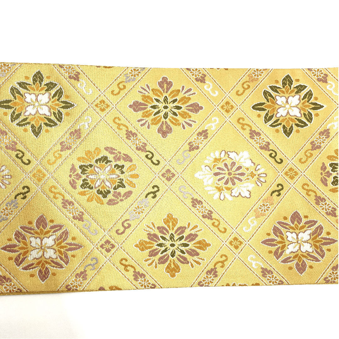 （未仕立）袋帯 花柄 菱 単衣 帯丈452cm 正絹 NEWランク 六通 セミフォーマル 黄系 1123002511423