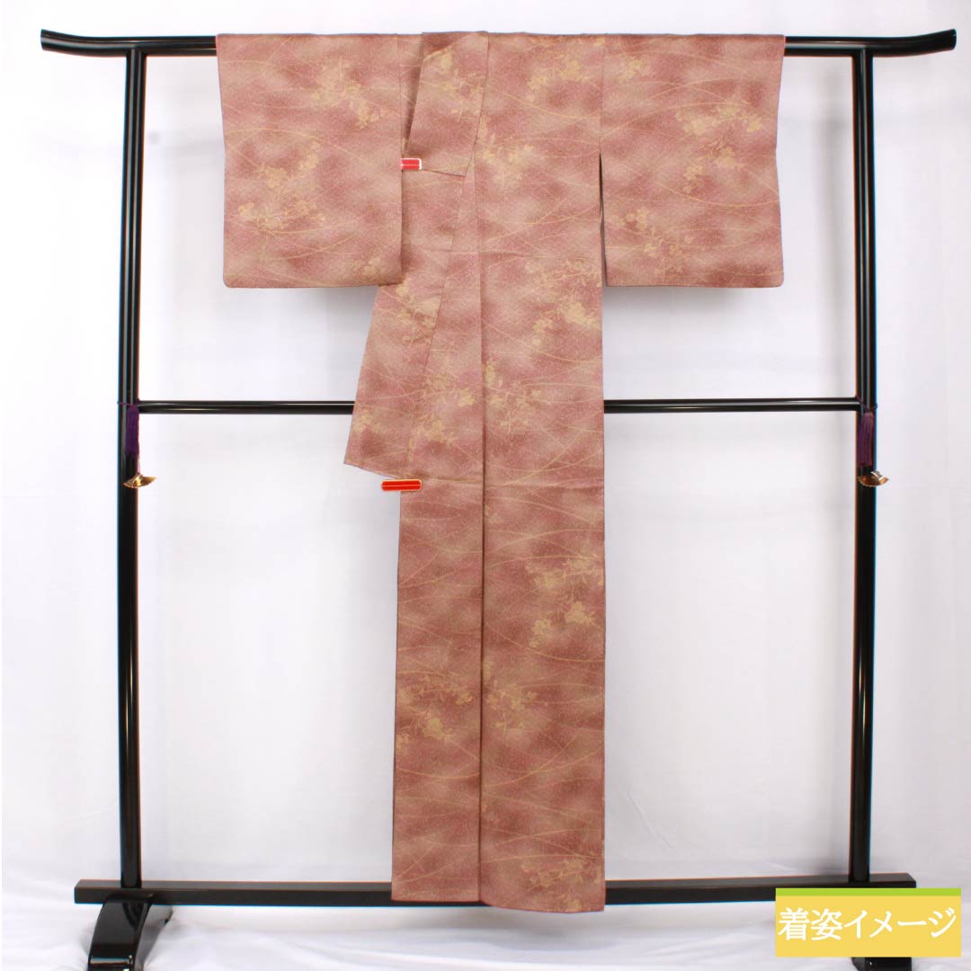 小紋 正絹 身丈157.5cm 裄丈62.5cm 袷 栗梅色（くりうめいろ） 水柿色（みずがきいろ） 型染 露芝 草花 Sランク グラデーション系 1115005392399