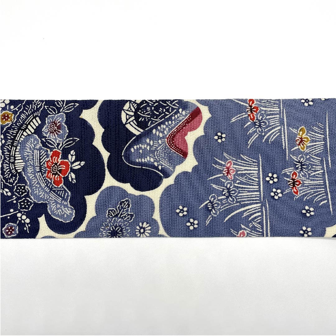 名古屋帯 韓藍色　草花模様 ちりめん地 帯丈337cm 正絹 Bランク ポイント柄 カジュアル 青系 1124004522317  名古屋仕立て