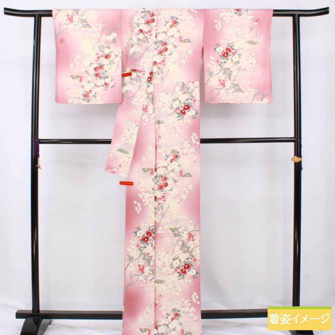 小紋 正絹 Sランク 身丈163cm 裄丈68cm 袷 一斤染色（いっこんぞめいろ） 京友禅 草花 しつけ糸付き ピンク系 1115007132413