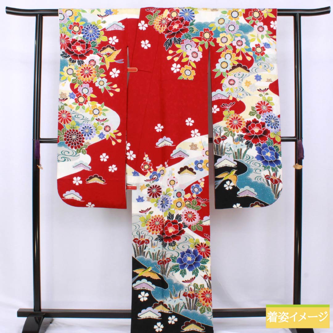 振袖 正絹 Sランク 身丈166.5cm 裄丈65.5cm 袷 真紅色（しんくいろ） 吉祥文様 牡丹 菊 梅 桜 赤系 1113002212512