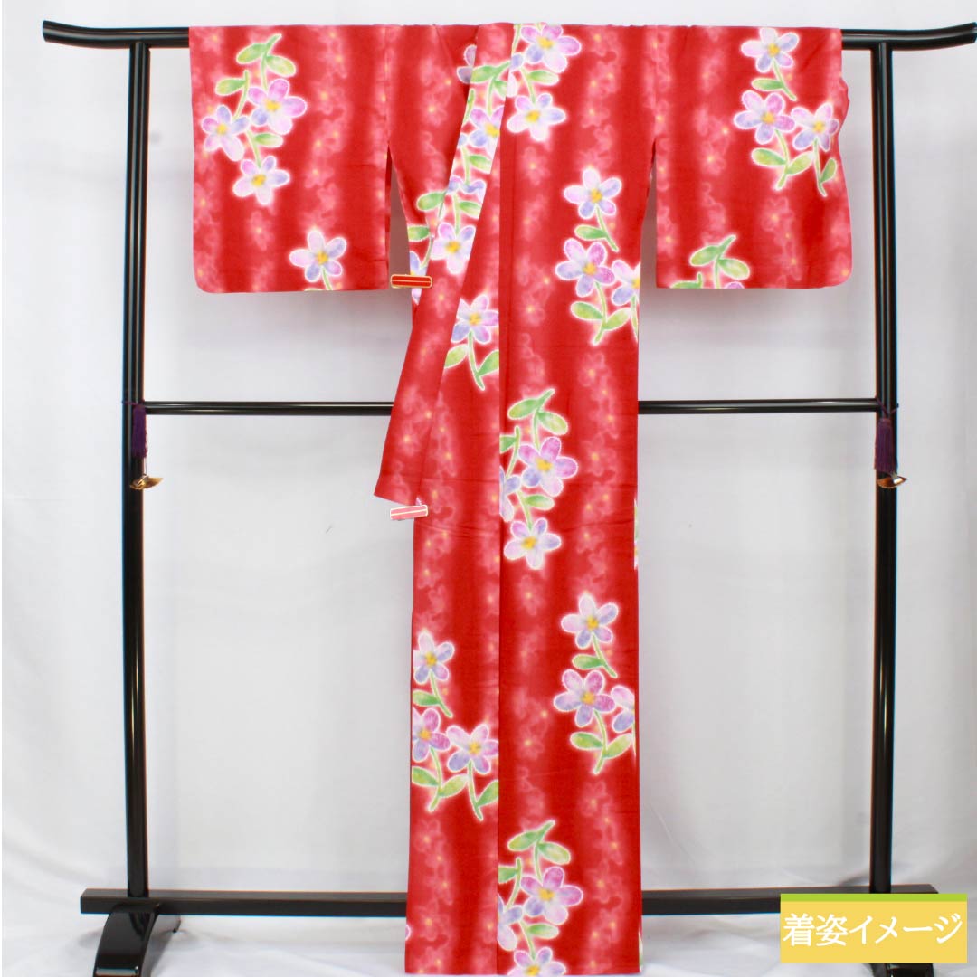 Yukata (Cotton) Length: 165cm, Sleeve Length: 69cm, Rank A, Single Layer, Vermilion, Crimson Silk (Momioiro) with Floral Pattern, Hiromichi Nakano, Product Number: 1118006133516