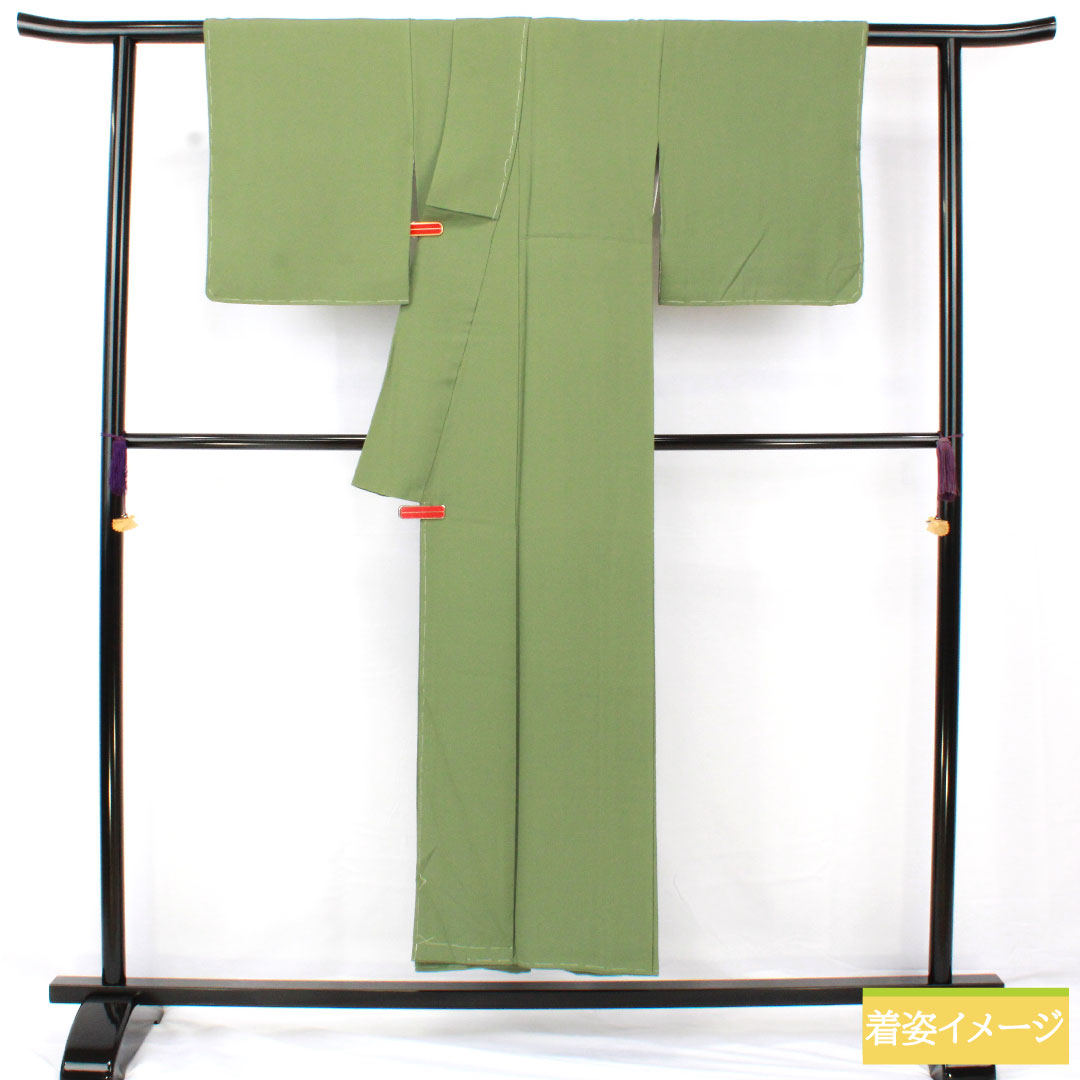 色無地 正絹 身丈150cm 裄丈63cm 仏手柑色（ぶしゅかんいろ） 素無地 一つ紋 隅切り角に片喰 袷 Sランク 緑系 1114001802119