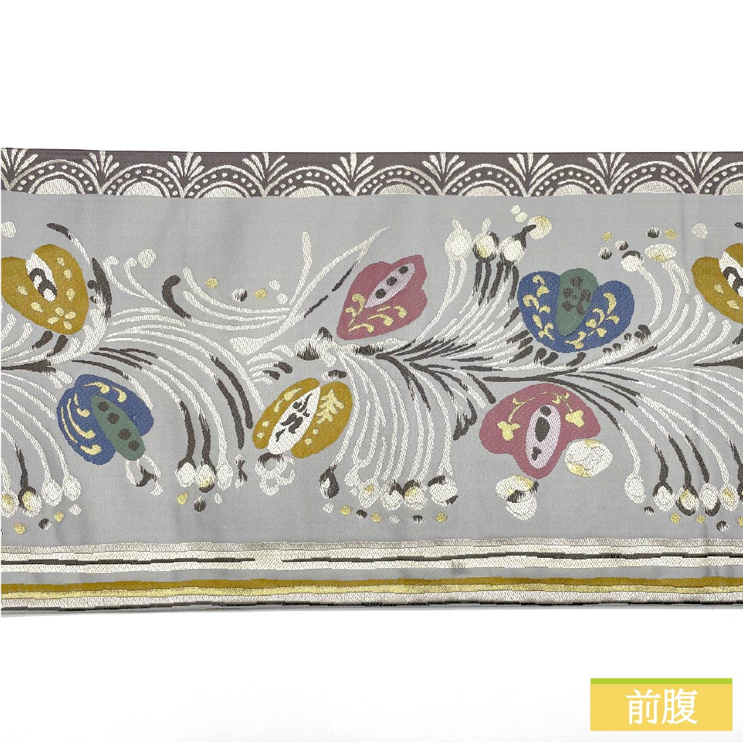 袋帯 正絹 水銀色（すいぎんいろ） 抽象花 帯丈434cm Sランク 六通 カジュアル グレー系 1123013012322