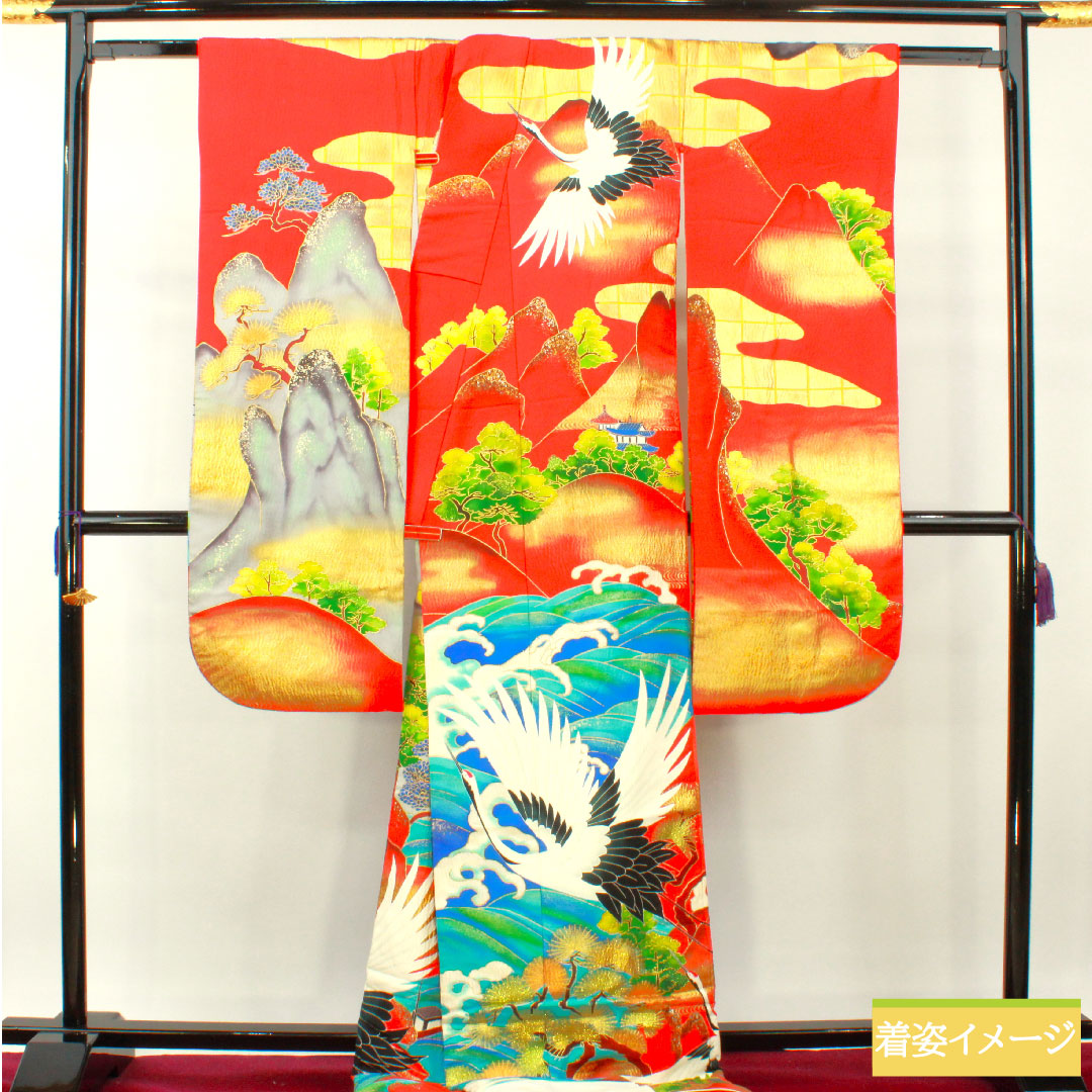 色打掛 正絹 身丈194cm 裄丈67cm 猩々緋色（しょうじょうひいろ） 京友禅 鶴 吉祥文様 Sランク 袷 赤系 1110000842912