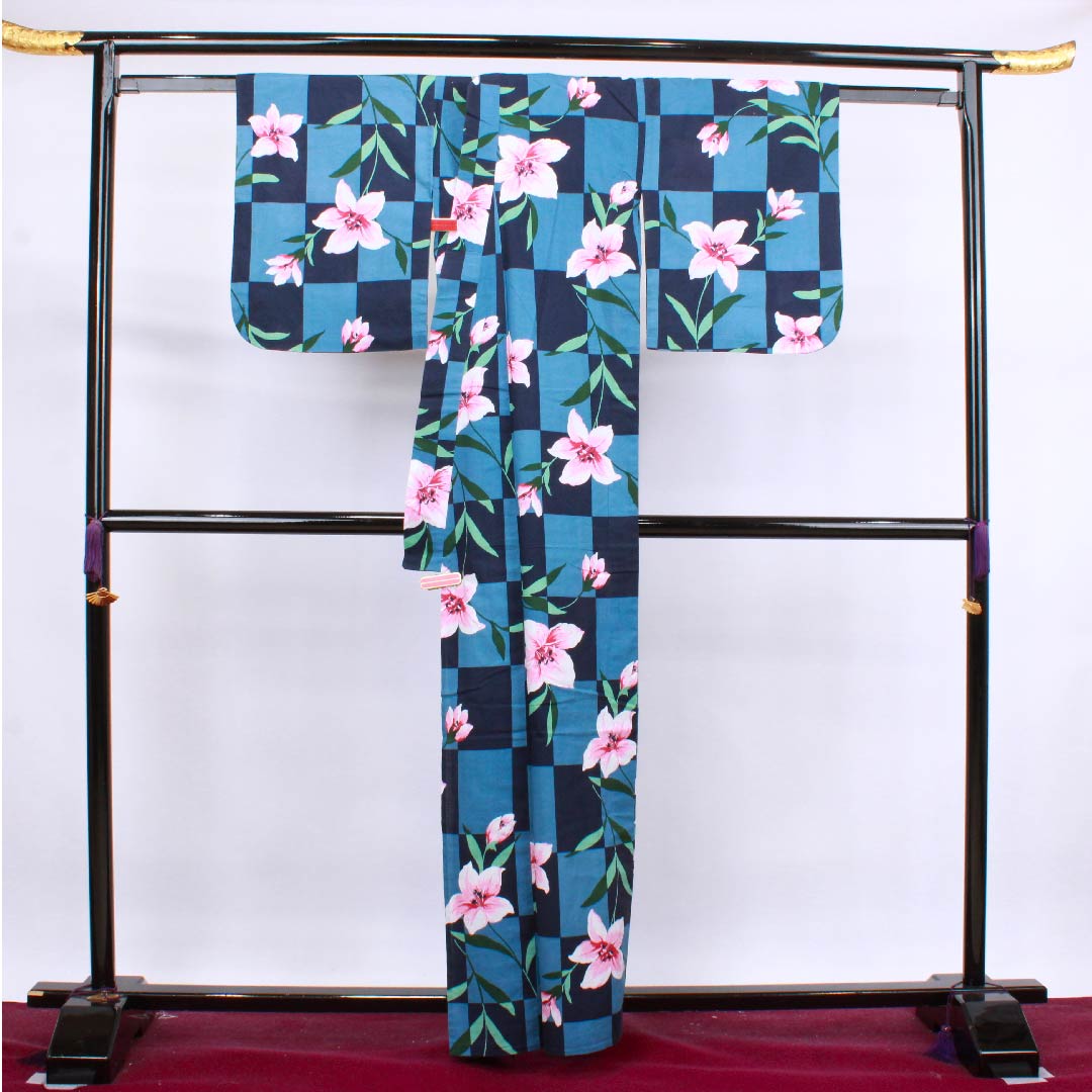 Yukata, dark blue, imitation saffron, checkered pattern, cotton, S rank, single layer, length 161cm, sleeve length 65.5cm, navy blue, 1118004112418