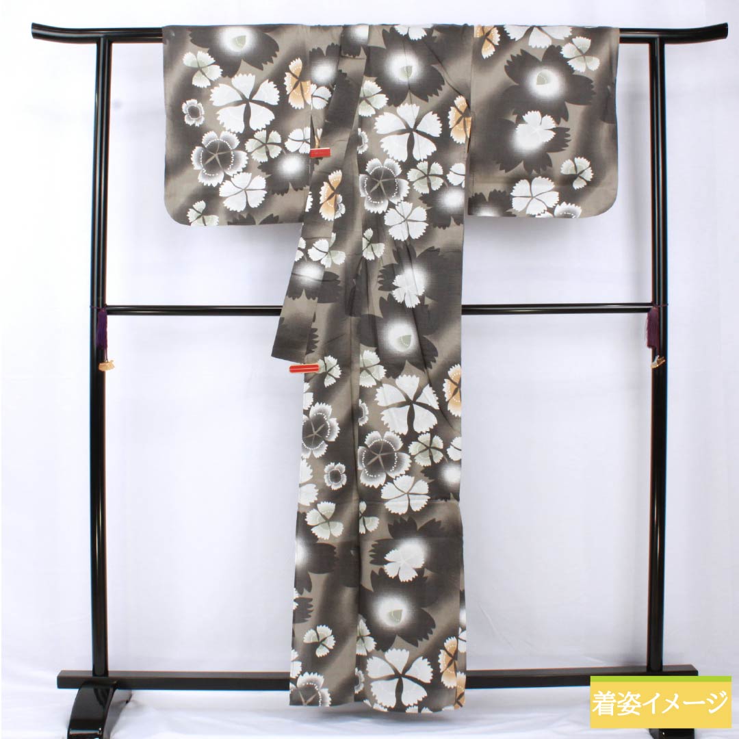 Yukata Cotton Length 161cm Sleeve length 67.5cm S rank Single layer Grayish charcoal gray (keshizuminezumiiro) Autumn cherry blossom 1118005312422