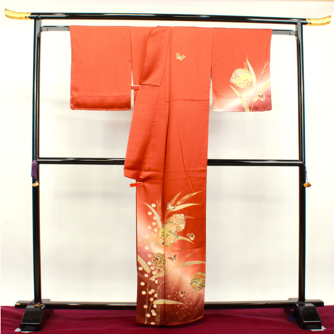 訪問着 正絹 袷 身丈162.5cm 裄丈67cm 赤蘇芳色 京友禅 蝶 雪輪 菊 しつけ糸付き 未使用品 Sランク 橙系 1112003042426