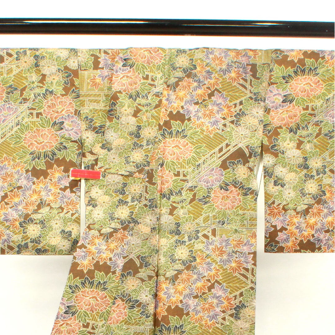 小紋 身丈158.5cm 裄丈64cm 袷  苦色 草花模様  正絹 Aランク 茶系 1115002723314