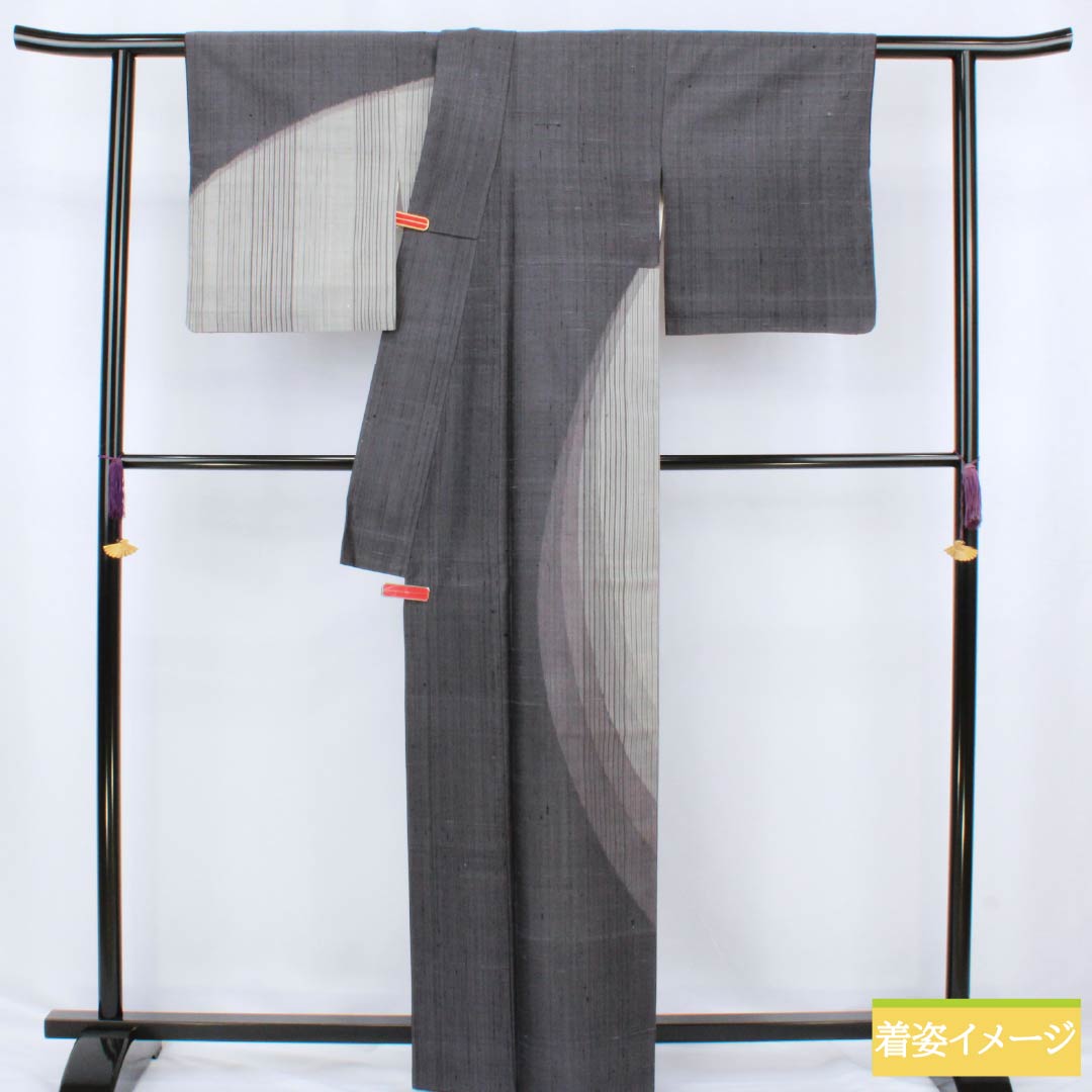 訪問着 正絹 Aランク 袷 身丈164.5cm 裄丈64cm 黝色（ゆうしょく） 紬地 縞 グレー系 1112006643422