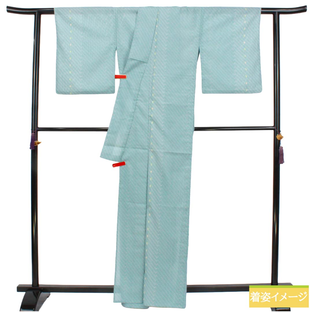 夏物 ポリエステル 小紋 Sランク 身丈163.5cm 裄丈66cm 花緑青色（はなろくしょういろ） 洗える着物 幾何学模様 絽 水色系 1132005922424