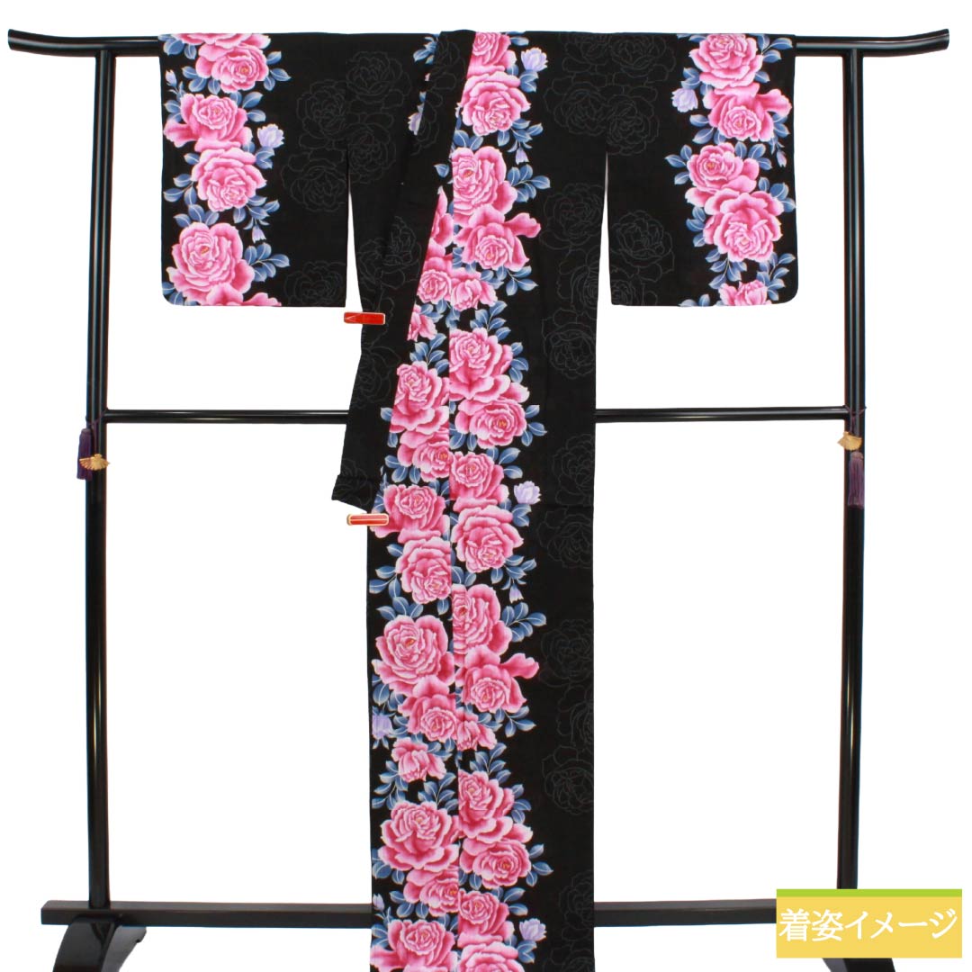 浴衣 木綿 Sランク 身丈167cm 裄丈65.5cm 薔薇 単衣 黒系 1118007372510