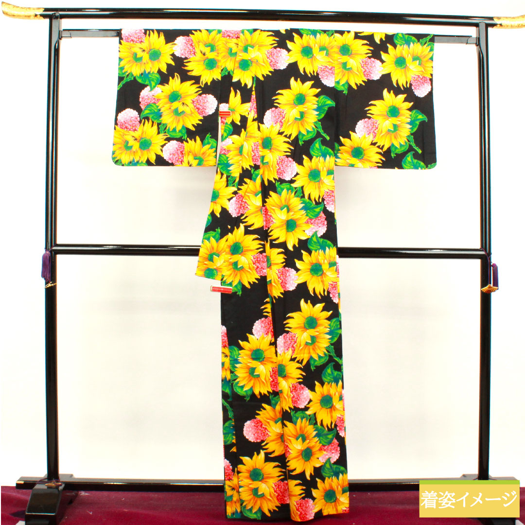 Yukata Cotton Length 165cm Sleeve length 69cm S rank Single layer Black Sunflower Hydrangea KENZO 1118004732510