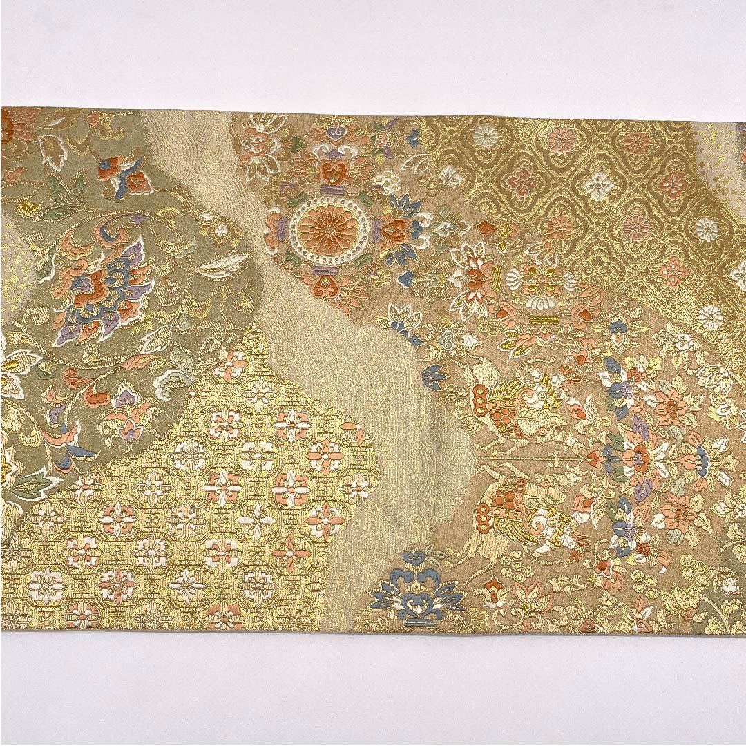 （未仕立）袋帯 金色 吉祥文様 服部織物謹製 帯丈428cm 正絹 Aランク 六通 フォーマル 金系 1123006013321