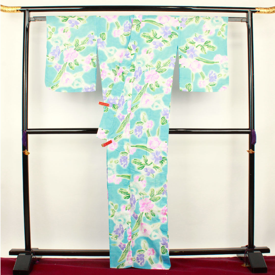 浴衣 浅縹色 花模様 木綿 Aランク 単衣 身丈166.5cm 裄丈64cm 青系 1118001083517