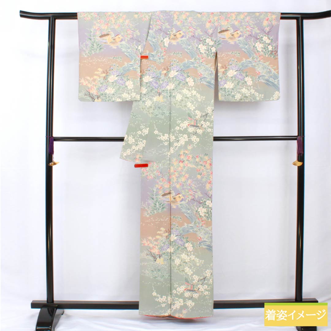 Komon, pure silk, length 160.5cm, sleeve length 64cm, lined, flower and bird pattern, with basting thread, S rank, gradation style, 1115005782499