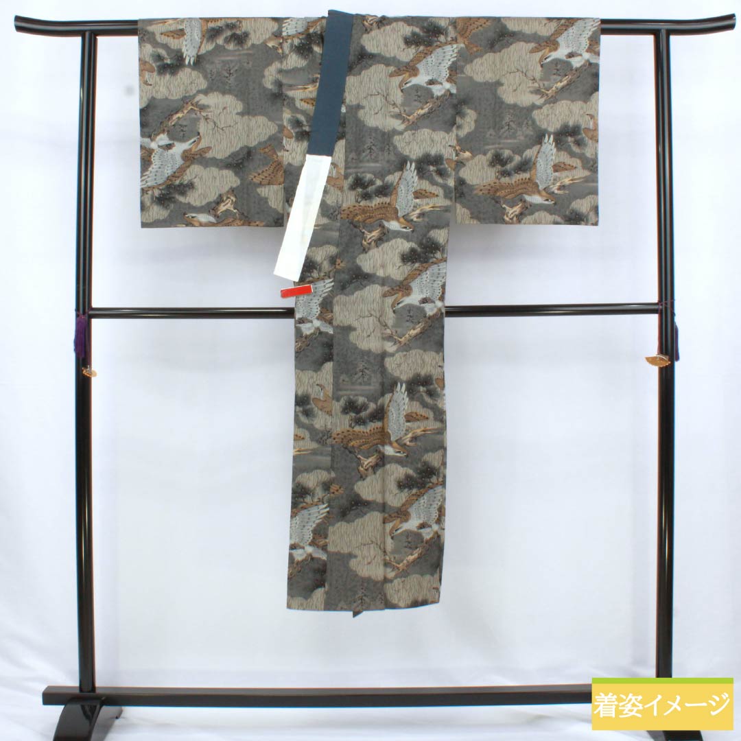 男物長襦袢 ウール Aランク 身丈131.5cm 裄丈65cm 藍銀煤竹色（あいぎんすすたけいろ） 松 鷲 単衣 グレー系 1140000753322