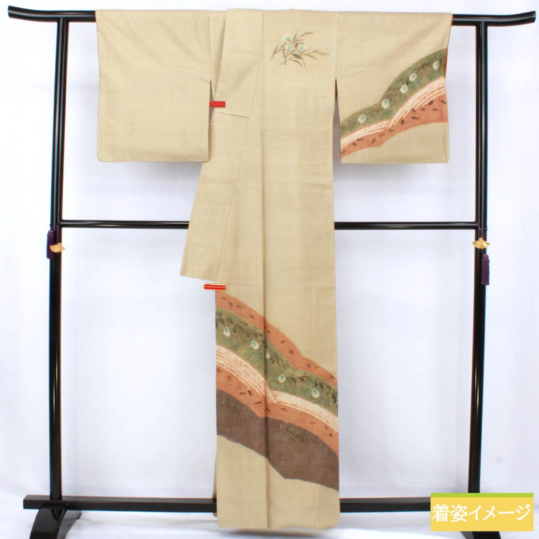訪問着 正絹 Bランク 袷 身丈160cm 裄丈68cm 亜麻色（あまいろ） 生紬 桶絞り 乾山絞り 伝統工芸作家 吉澤与市 ベージュ系 1112007414425