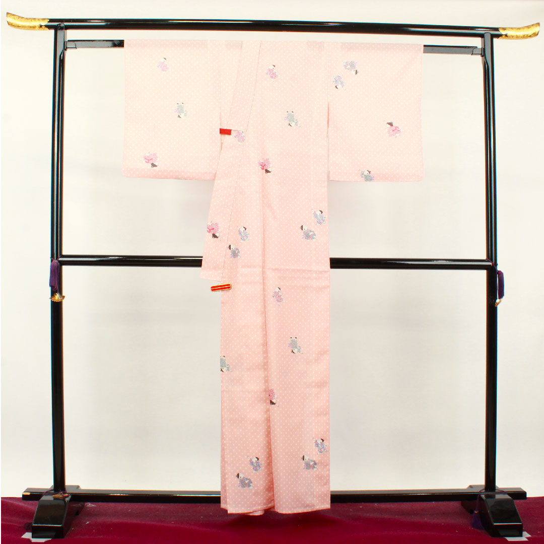 Summer kimono, polyester, small pattern, length 158cm, sleeve length 64cm, dawn color, washable kimono, silk, S rank, pink, 1132001462313