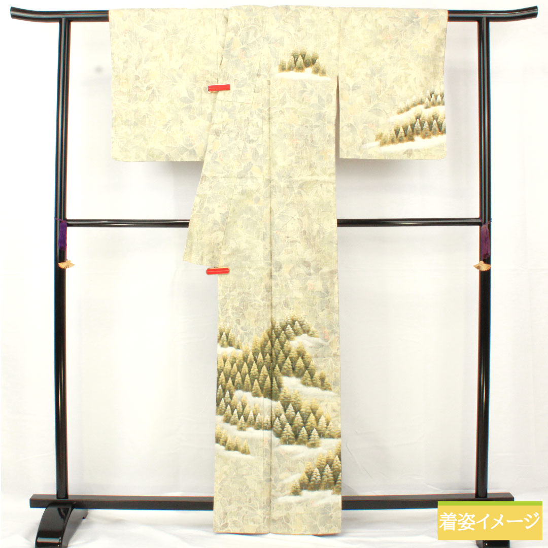 Homongi (formal kimono) made of pure silk, lined, length 163cm, sleeve length 65cm, steamed chestnut color, pongee fabric, landscape pattern, floral pattern, S rank, green, 1112005042419