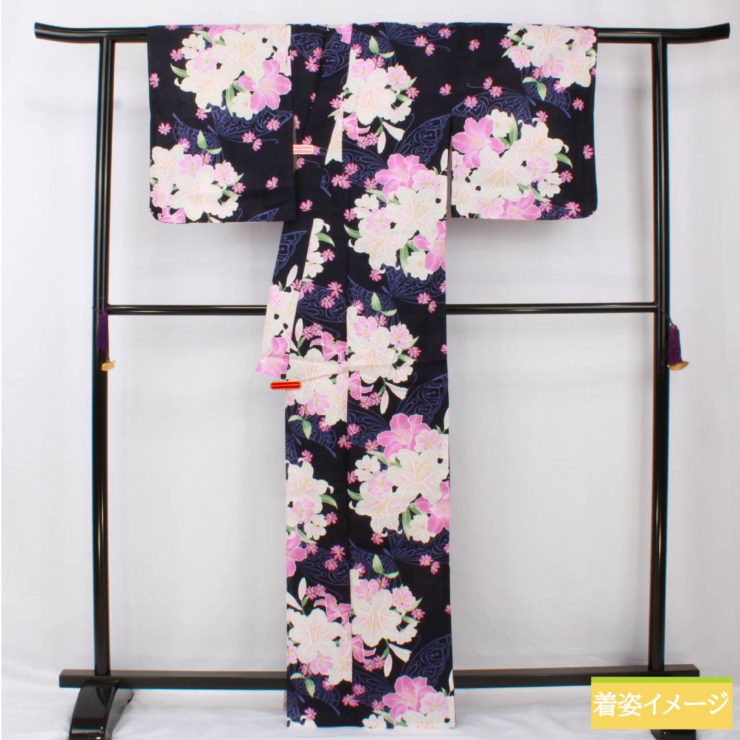 浴衣 木綿 身丈166.5cm 裄丈65.5cm NEWランク 単衣 紺系 濃紺色（のうこんいろ） 新品未使用品 作り帯付き 蝶 1118005571518