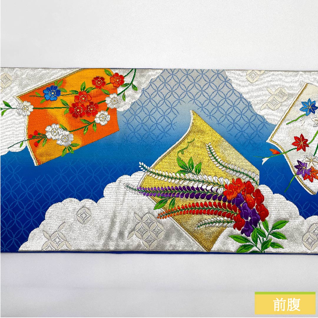 袋帯 瑠璃色（るりいろ） 七宝 藤の花 桜 帯丈420cm 正絹 Aランク 六通 フォーマル 青系 1123010073317