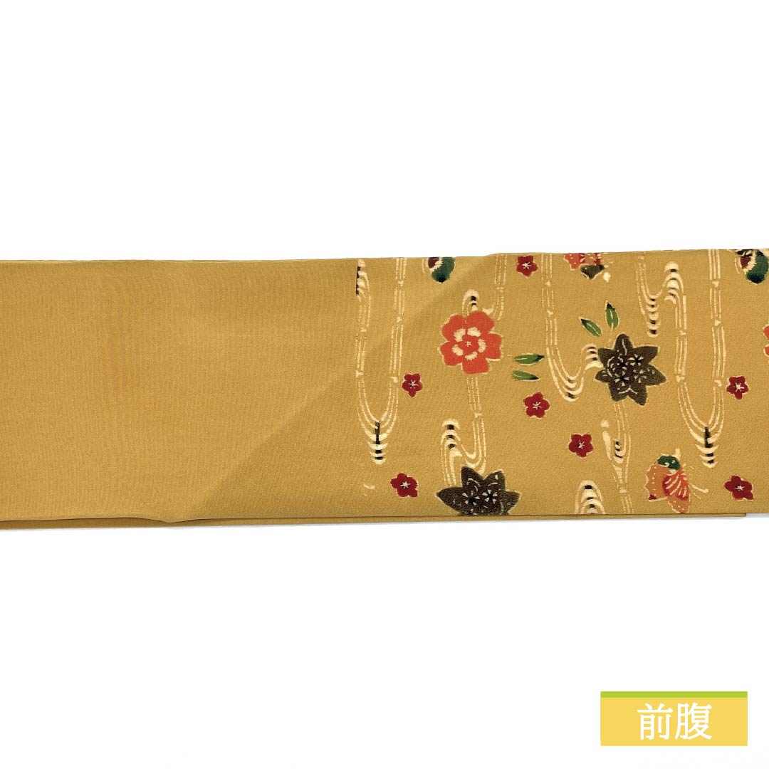 名古屋帯 土布色（トウプースーいろ） 京紅型 蝶 紅葉 帯丈352cm 正絹 Aランク 六通 カジュアル 黄系 1124006563323 名古屋仕立て