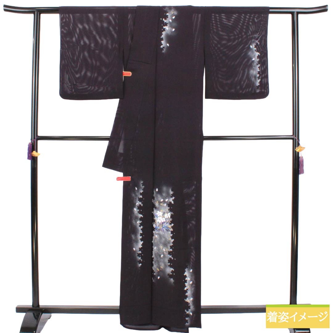 夏物 正絹 訪問着 Sランク 身丈162.5cm 裄丈65cm 紫黒色（しこくしょく） 付下げ 桜散らし 草花模様 絽 紫系 1132003612420