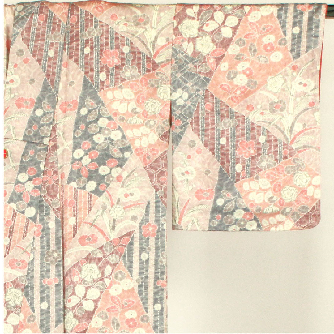 小紋 身丈164cm 裄丈64cm 袷  裂取り 花・芒模様  正絹 Sランク ピンク系 1115000732313