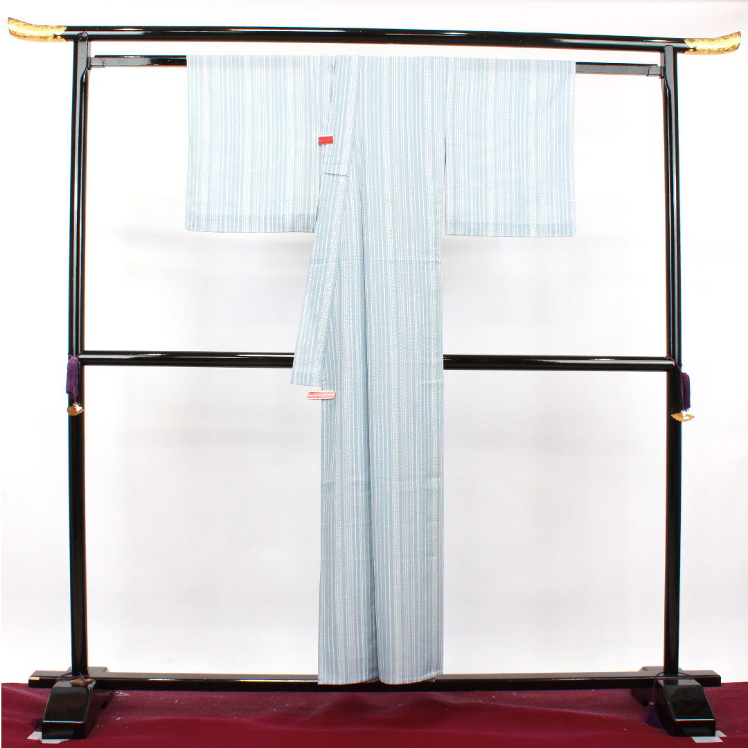 夏物 正絹 小紋 身丈153cm 裄丈62cm 白群色（びゃくぐんいろ） 幾何学模様 絽 Sランク 青系 1132001372217