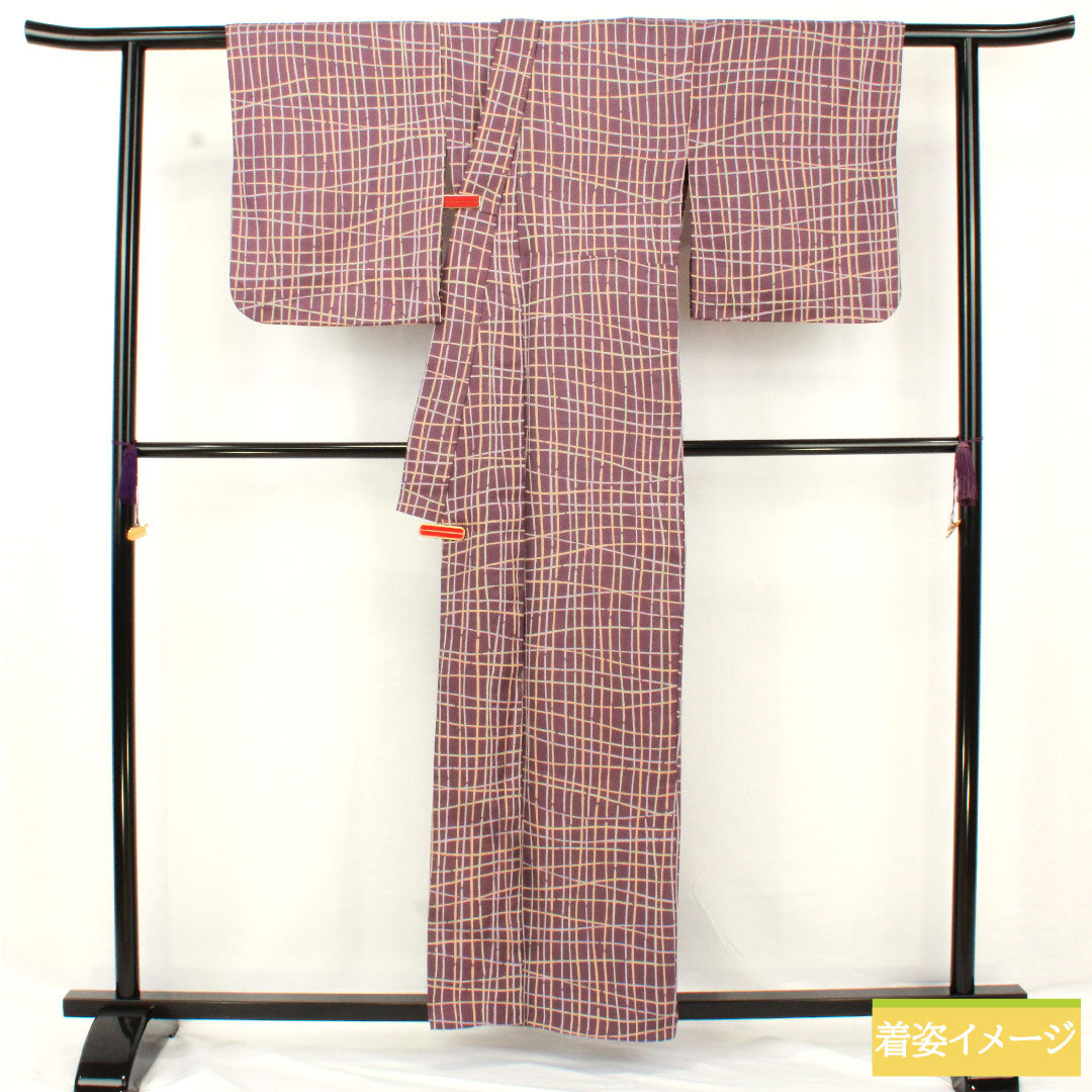 小紋 ポリエステル 身丈159cm 裄丈66cm 単衣 古代紫色（こだいむらさきいろ） 洗える着物 格子 Aランク 紫系 1115004863320