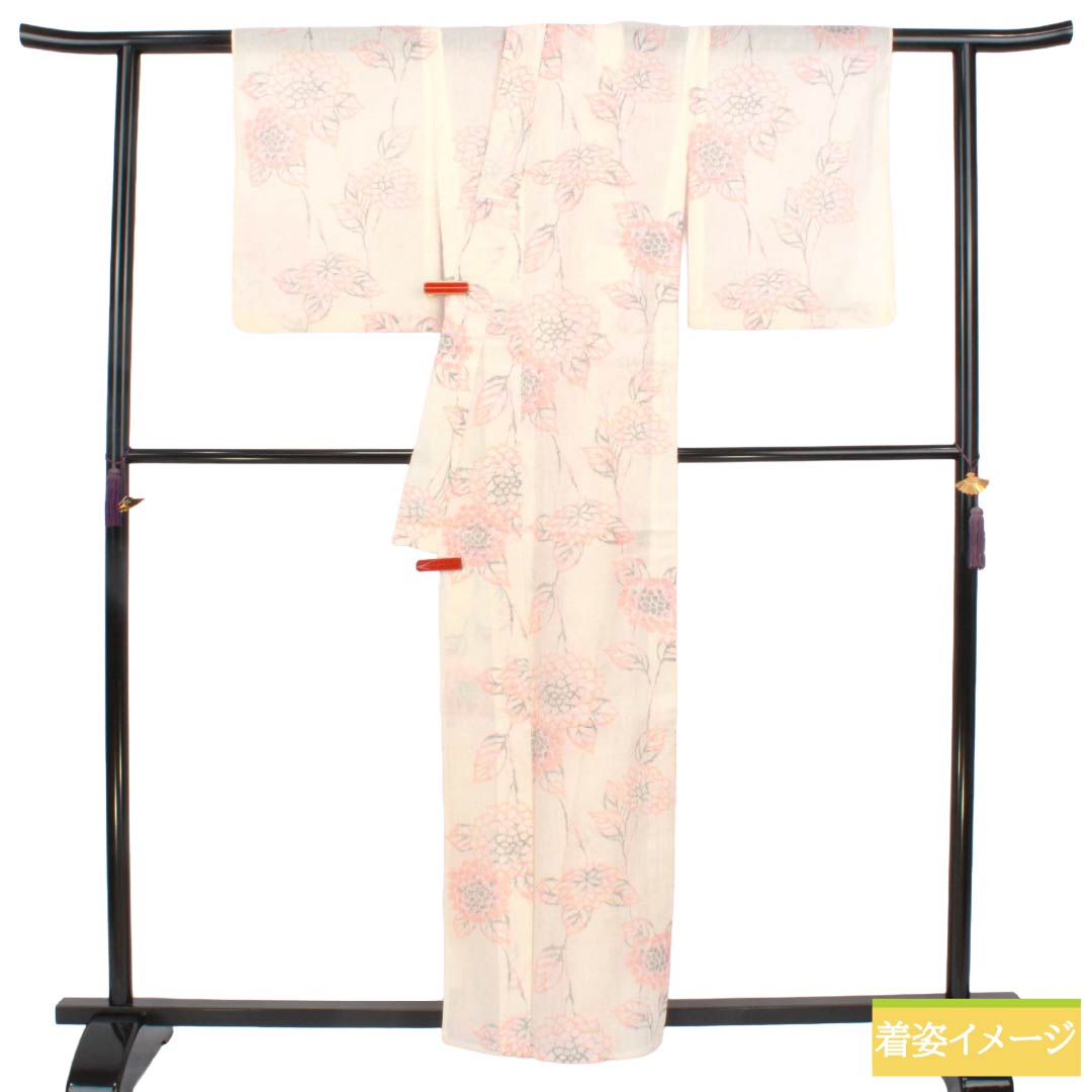 夏物 麻 紬 Sランク 身丈160cm 裄丈64cm 縮 紫陽花 紗 白系 1132007122411