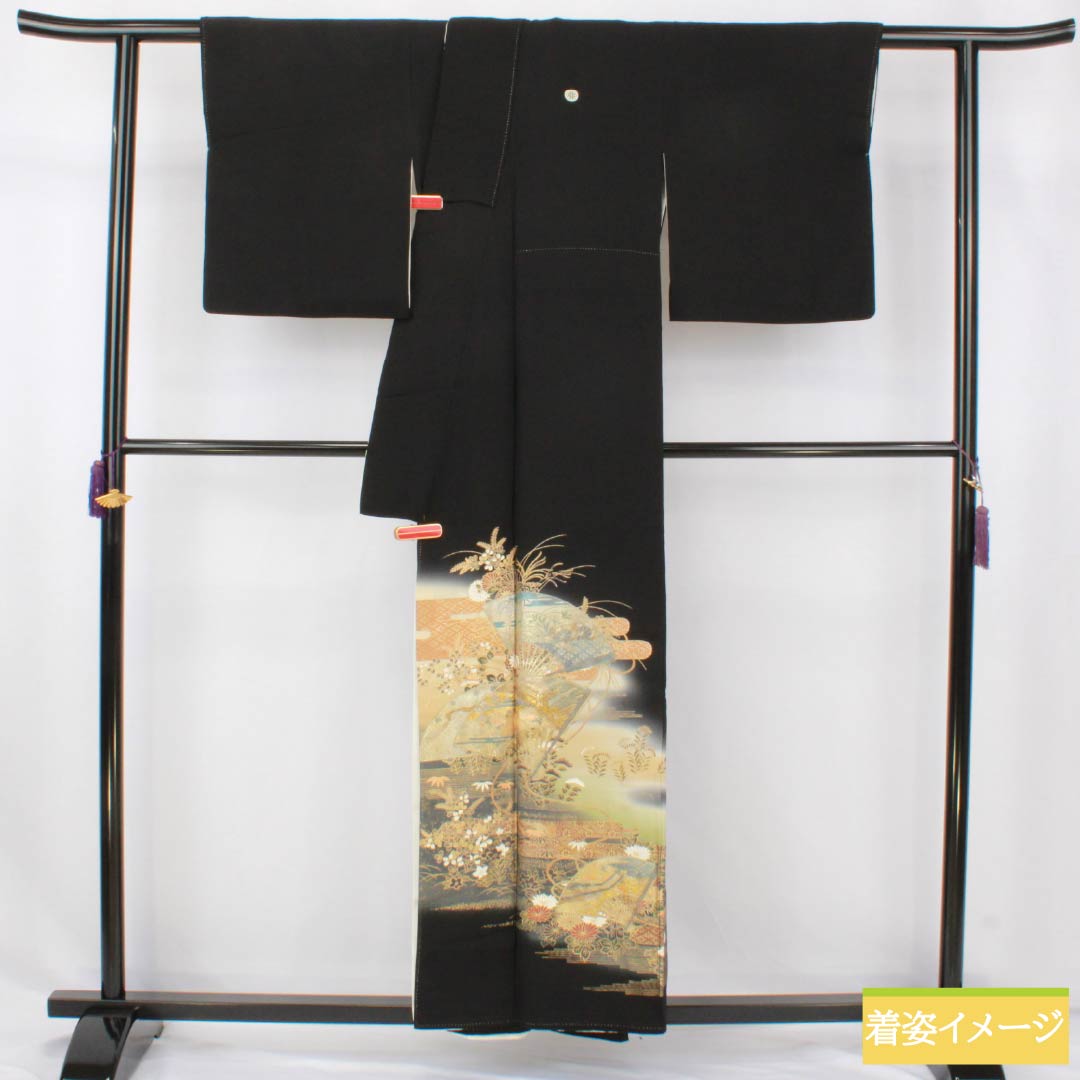 黒留袖 正絹 Sランク 身丈154cm 裄丈64cm 袷 京友禅 五つ紋 源氏車 扇面 慶長柄 作家物 五つ紋 黒系 1111002032210
