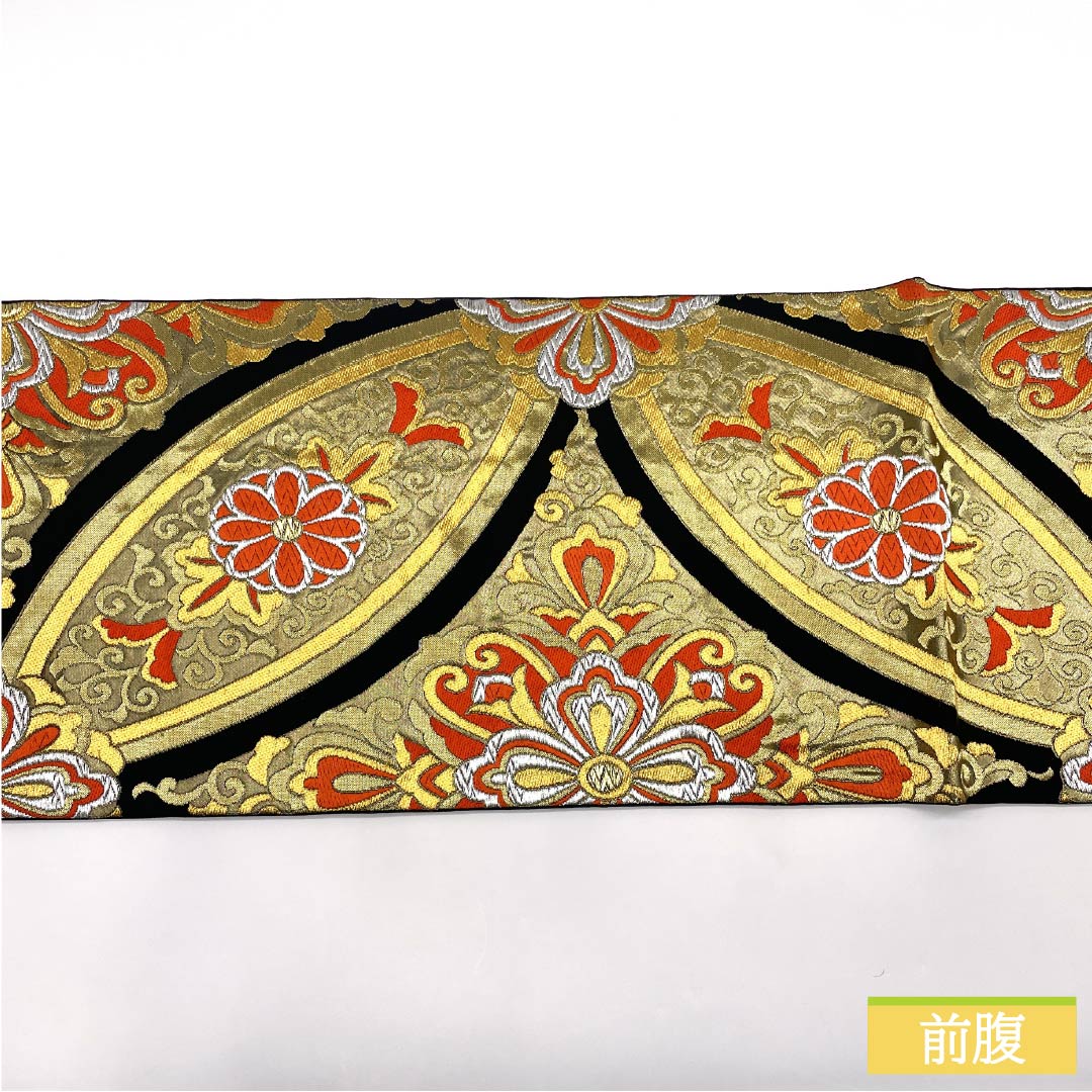 袋帯 正絹 Aランク 七宝 振袖用 華文 唐花 帯丈428cm 六通 フォーマル 黒系 1123015443310