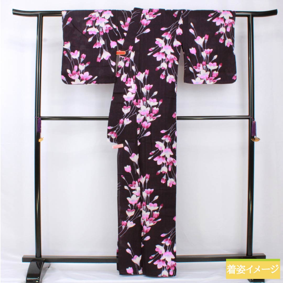 浴衣 木綿 身丈163cm 裄丈66.5cm Sランク 単衣 紫系 紫黒色（しこくしょく） 鉄線 1118005282420