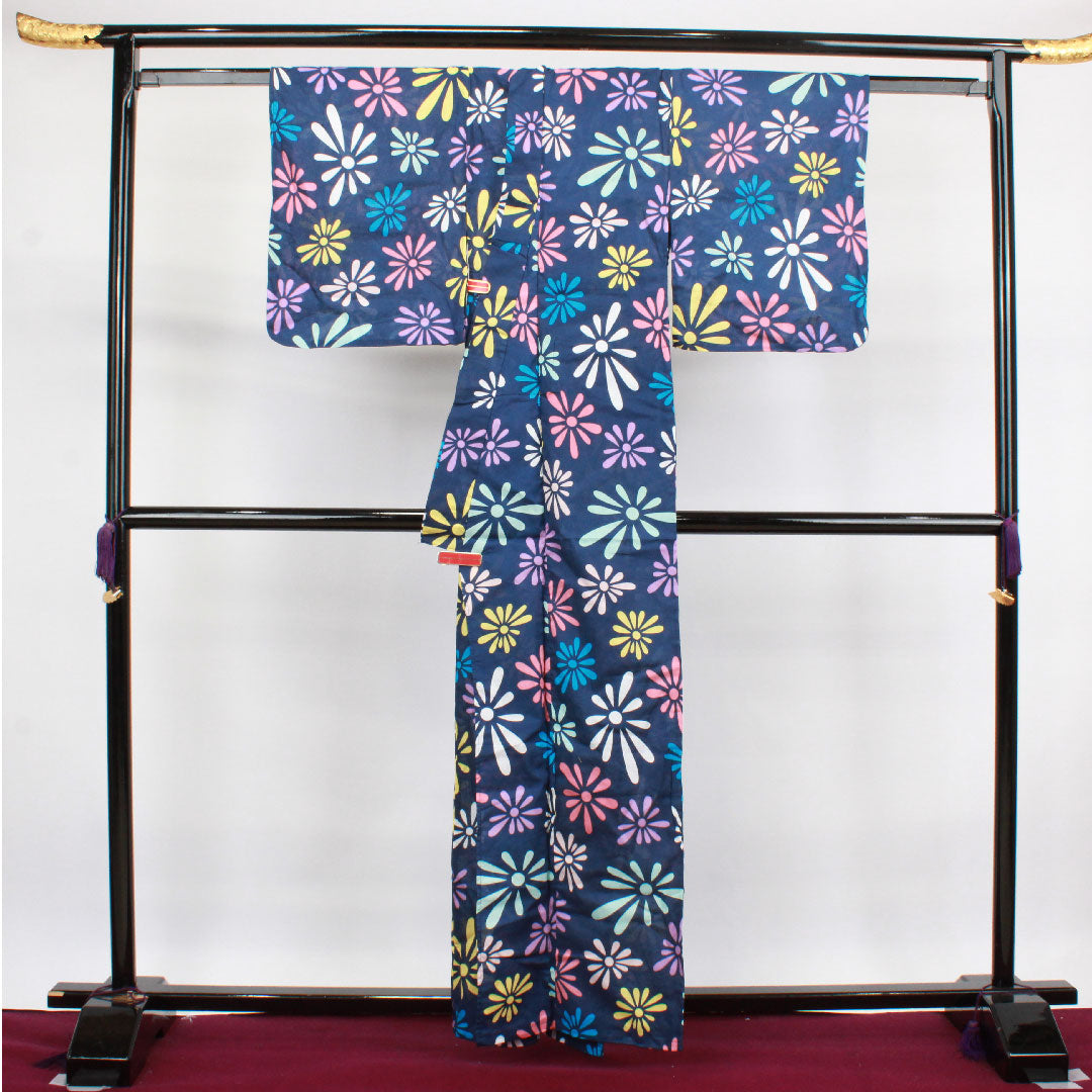 浴衣 鉄葡萄色 抽象模様 木綿 Sランク 単衣 身丈161cm 裄丈65cm 紺系 1118002412418